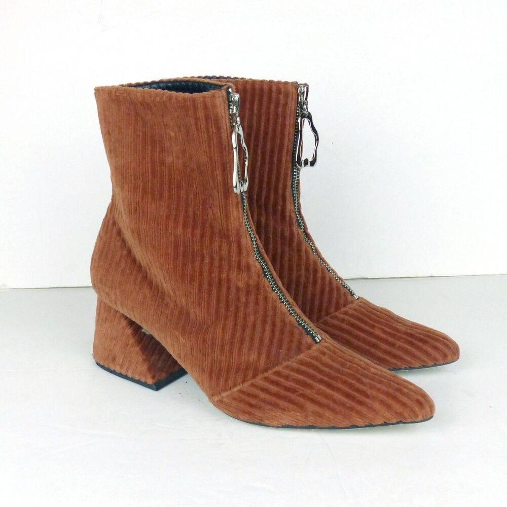 YUUL YIE Corduroy Zipper Ankle Boots Womens 39 US 8.5 Brown Block Heel Retro